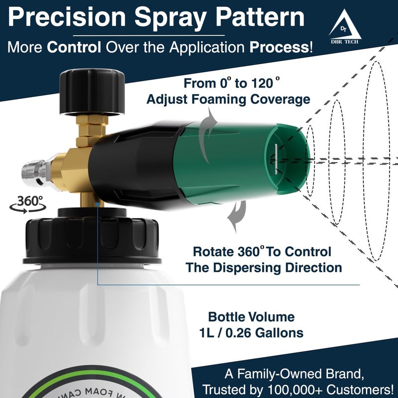 DBR Tech Foam Cannon for Pressure Washer, 1.1mm Orifice, 1000-4000 PSI, 1/4 Inch Quick Connector, Wide Neck and Adjustable Spray, Heavy Duty Car Snow Foam Blaster for Superior Foaming & Deep Clean, Green - Image 4